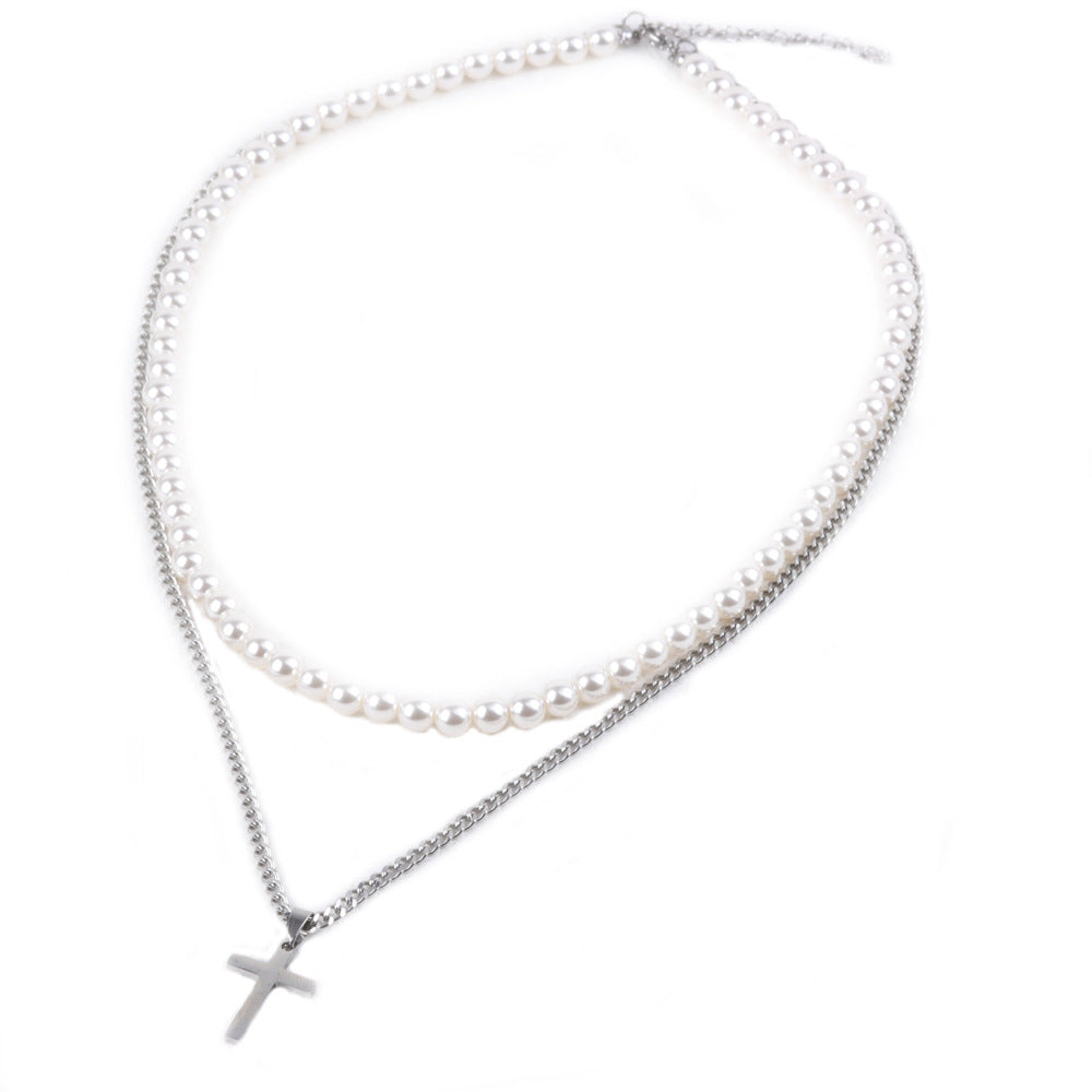 Titanium Steel Cross Double Layer Twin Pearl Necklace
