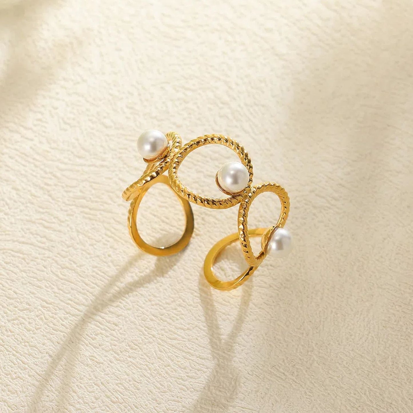 Stainless Steel Pearl Hollow Geometry Open Ring