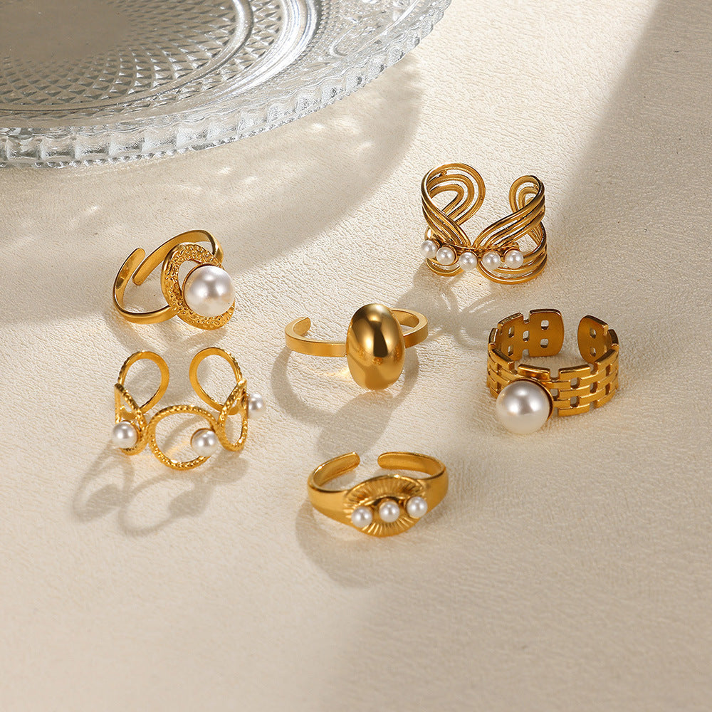 Stainless Steel Pearl Hollow Geometry Open Ring
