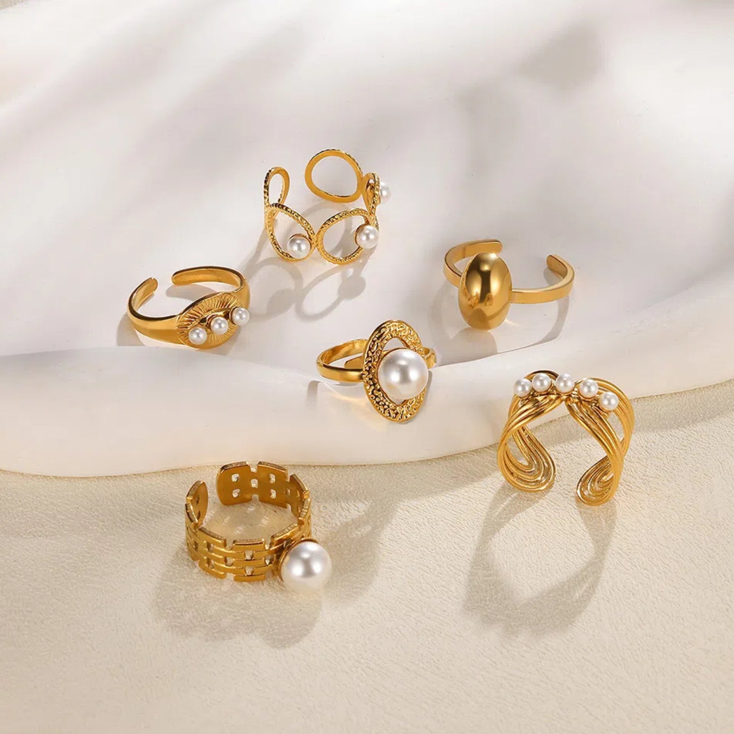 Stainless Steel Pearl Hollow Geometry Open Ring