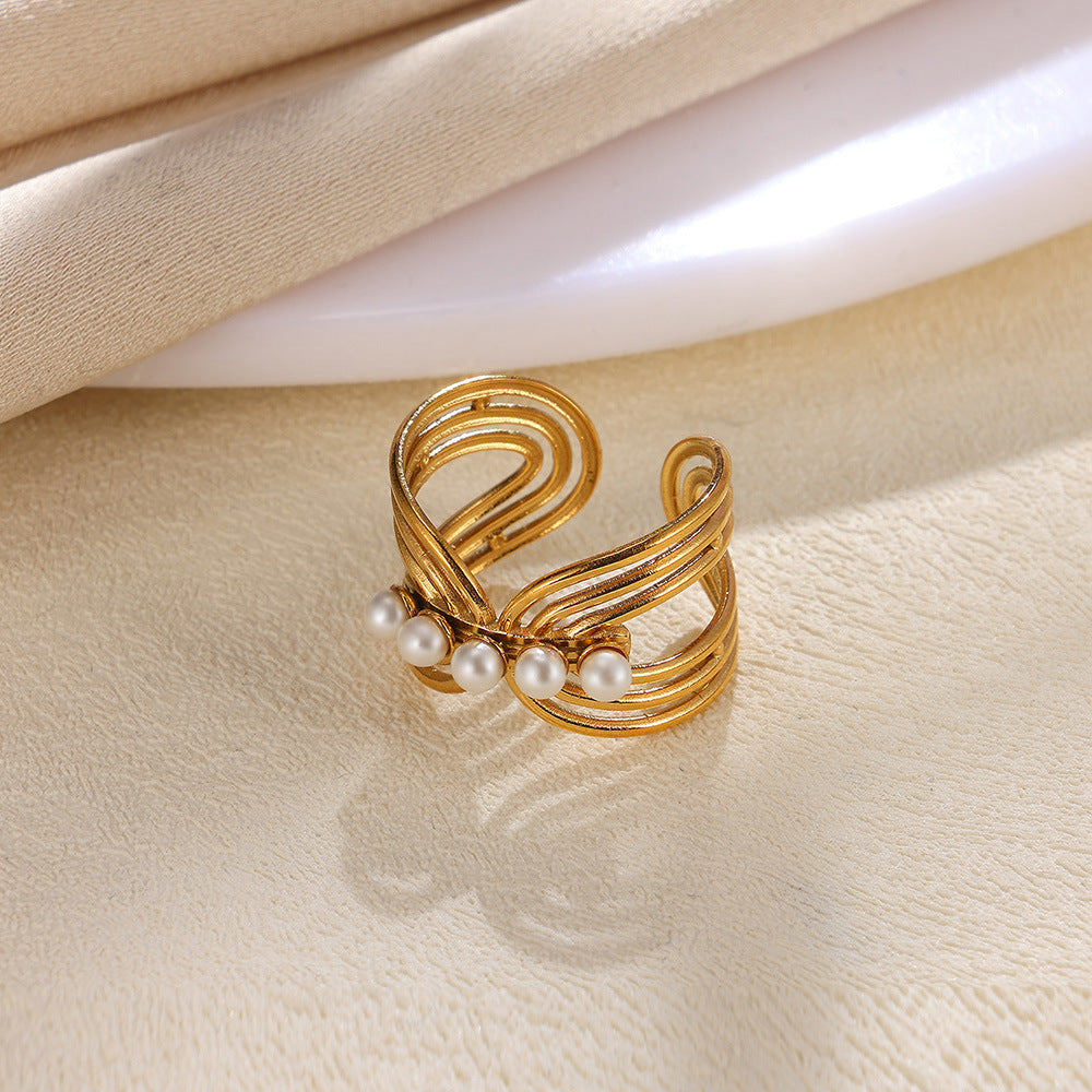 Stainless Steel Pearl Hollow Geometry Open Ring