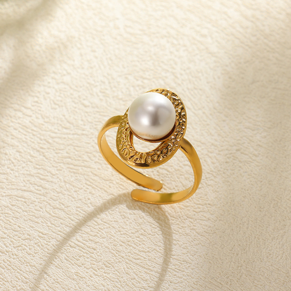 Stainless Steel Pearl Hollow Geometry Open Ring