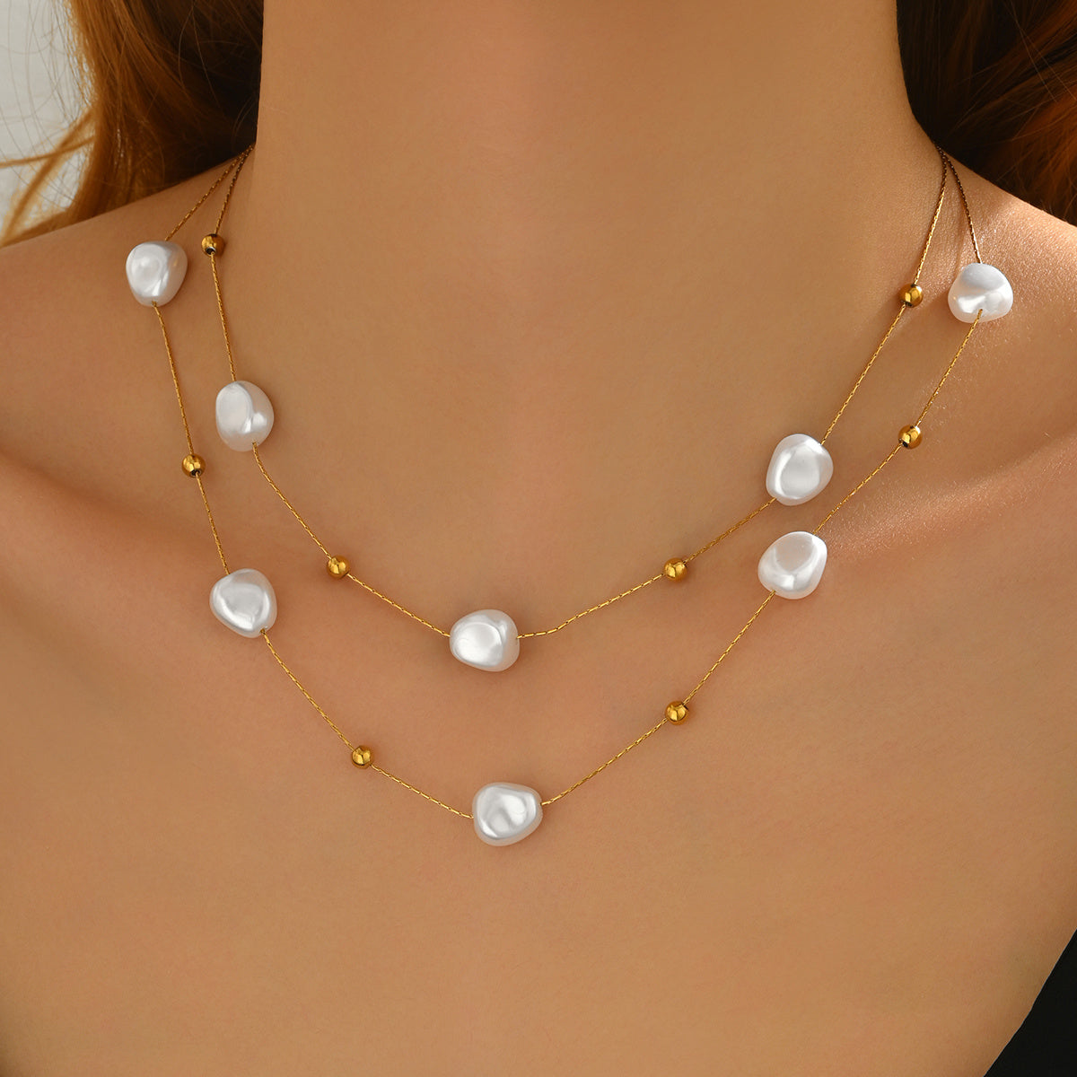 18K Gold Pearl Studded Necklace Minimalist Jewelry