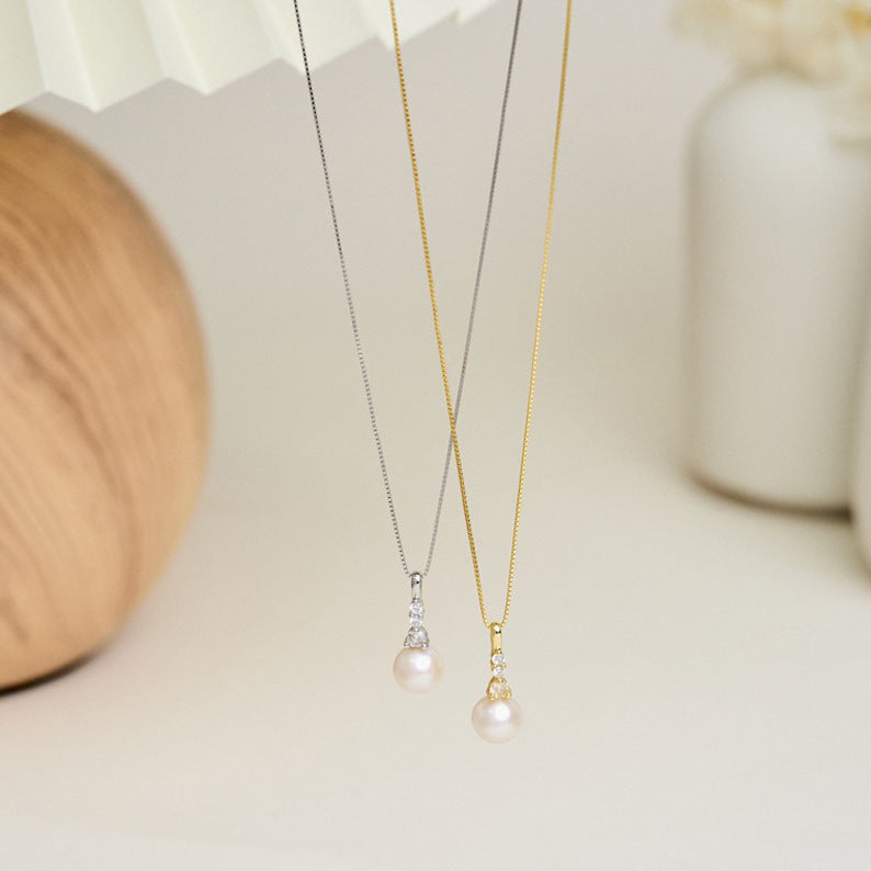 Zircon Pearl Pendant Stainless Steel Thin Chain Necklace