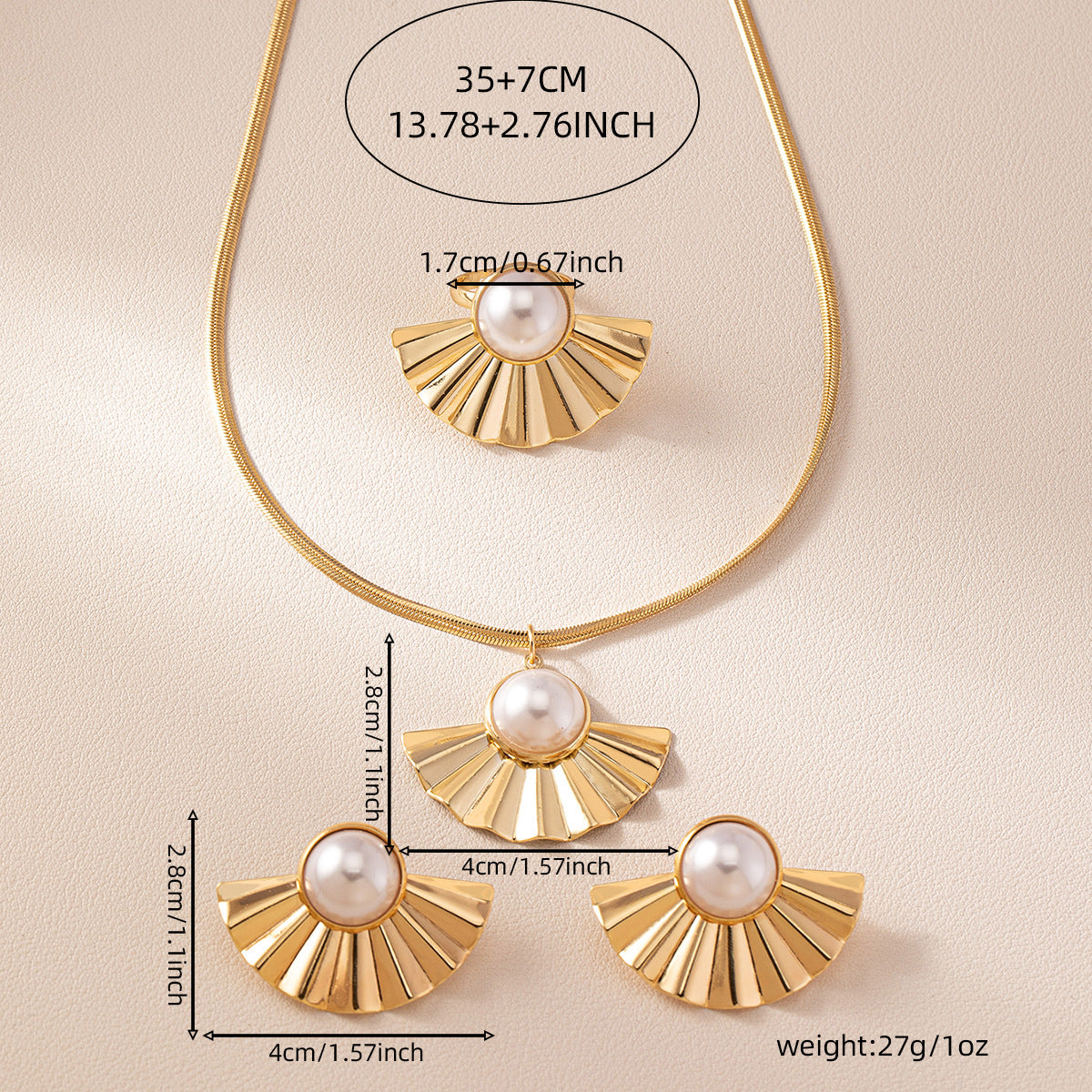 Folding Fan Design Artificial Pearl Grace Chinese Fashion Necklace Ring Earrings Match Sets Suit