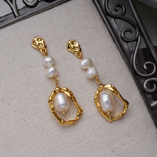 Natural Pearl Earrings Female Temperament Advanced Long Retro
