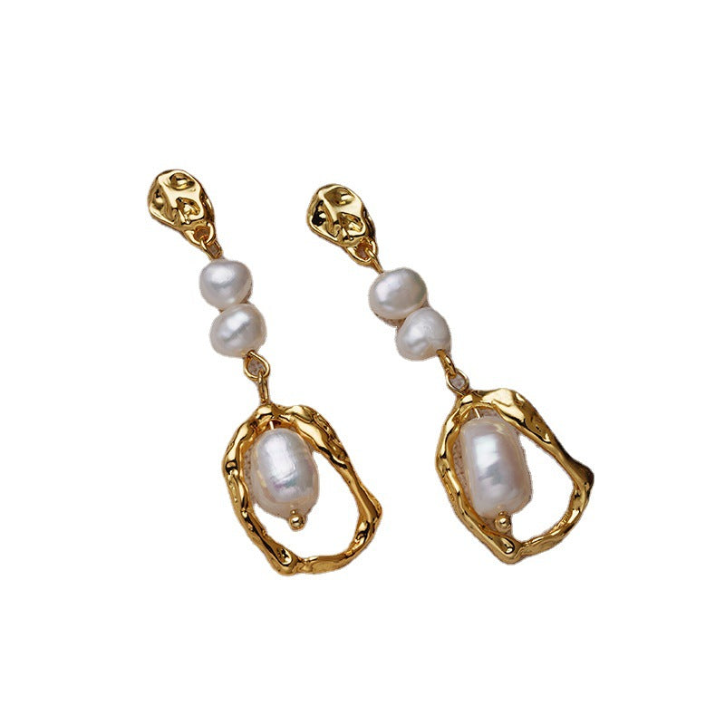 Natural Pearl Earrings Female Temperament Advanced Long Retro