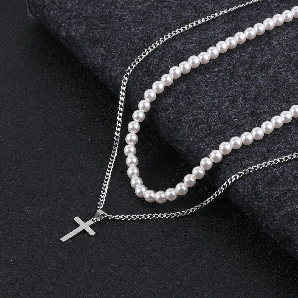 Titanium Steel Cross Double Layer Twin Pearl Necklace