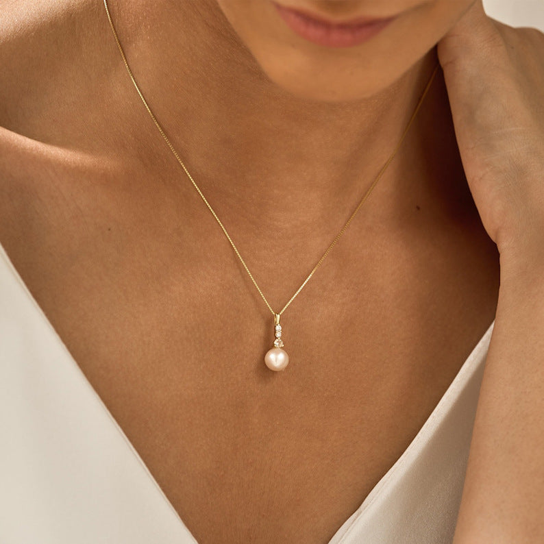 Zircon Pearl Pendant Stainless Steel Thin Chain Necklace