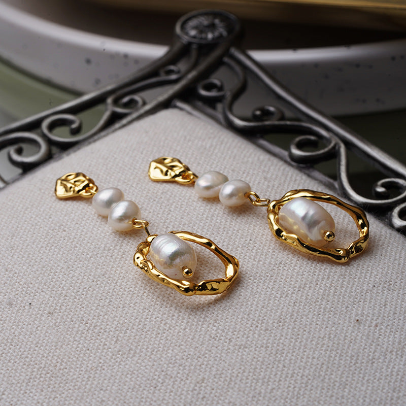 Natural Pearl Earrings Female Temperament Advanced Long Retro