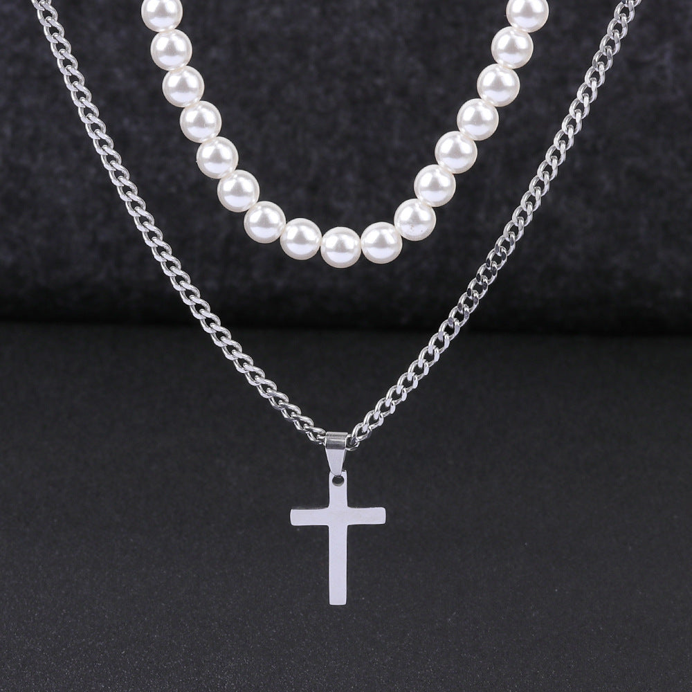 Titanium Steel Cross Double Layer Twin Pearl Necklace