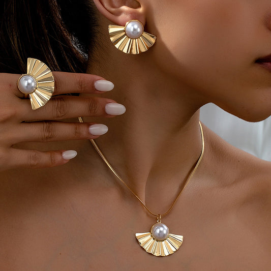 Folding Fan Design Artificial Pearl Grace Chinese Fashion Necklace Ring Earrings Match Sets Suit