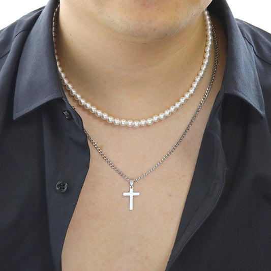 Titanium Steel Cross Double Layer Twin Pearl Necklace