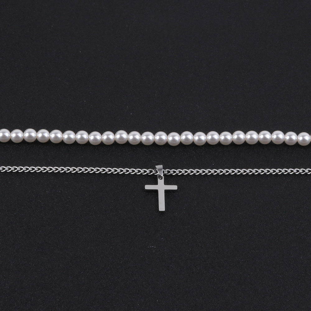 Titanium Steel Cross Double Layer Twin Pearl Necklace