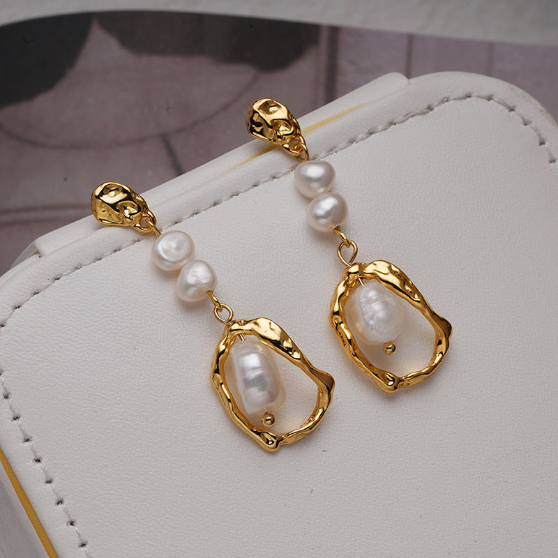 Natural Pearl Earrings Female Temperament Advanced Long Retro