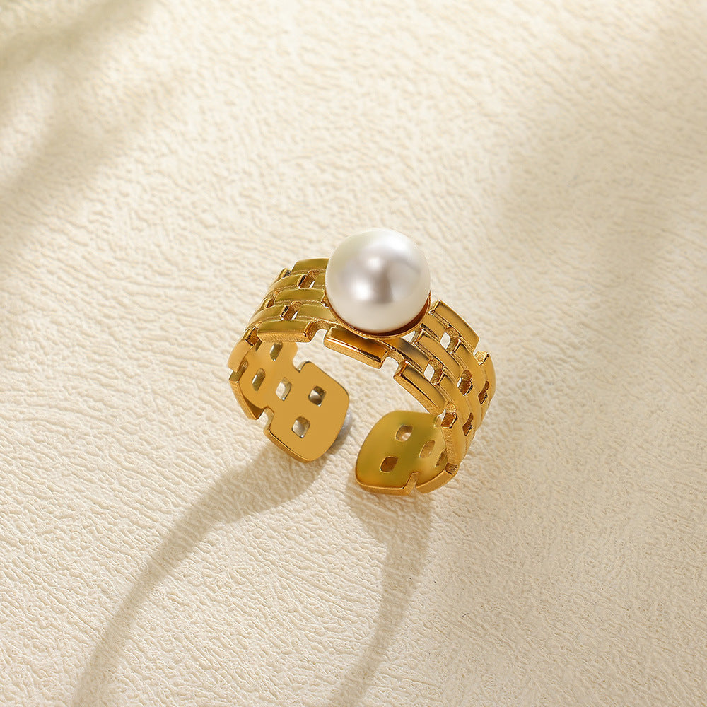 Stainless Steel Pearl Hollow Geometry Open Ring