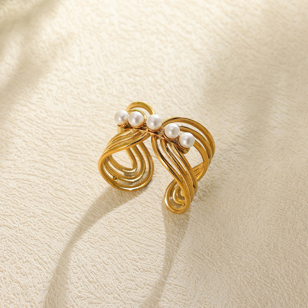 Stainless Steel Pearl Hollow Geometry Open Ring